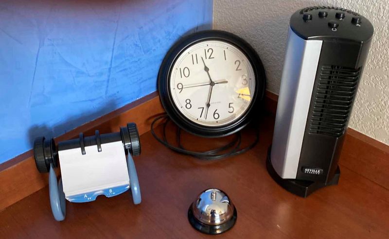 Photo 1 of 4 MISC ITEMS, FAN ROLODEX BELL AND BATTERY OPERATED CLOCK