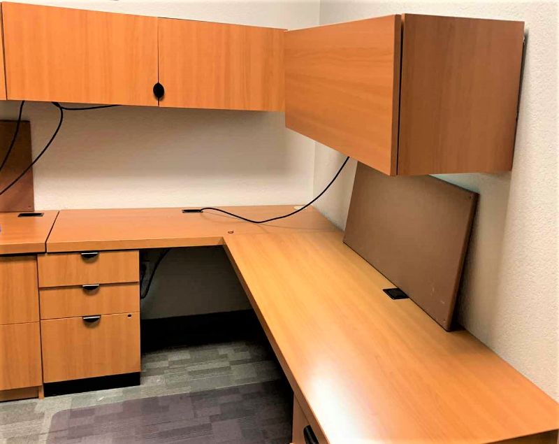 Photo 1 of MAGNA DESIGN LAS VEGAS WOOD WORK STATION/ OFFICE CORNER DESK UNIT 
ONE LOWER DESK  72” x 24” WITH RETURN 52” x 24”, ONE SOUND BOARD AND TWO UPPER CABINETS WITH LIGHTS AND METAL DIVIDERS