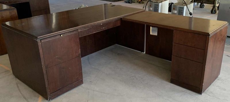 Photo 1 of L SHAPED WOOD EXECUTIVE DESK w RETURN 
DESK 72" x 37"  H30"
RETURN 49" x 24" H30"