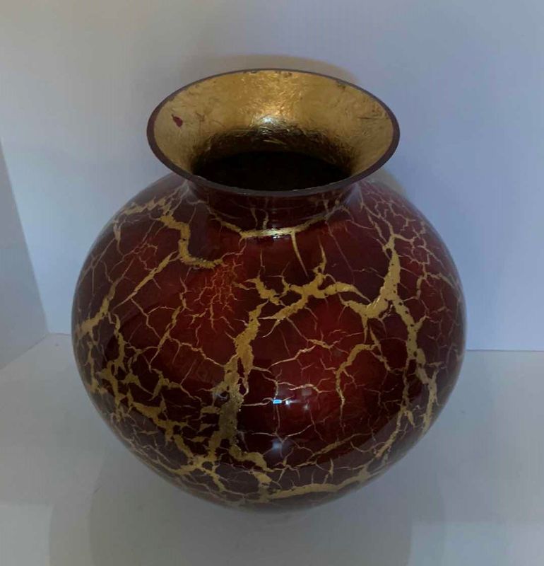 Photo 2 of RED AND GOLD LEAF GLASS VASE, 13” x H15”