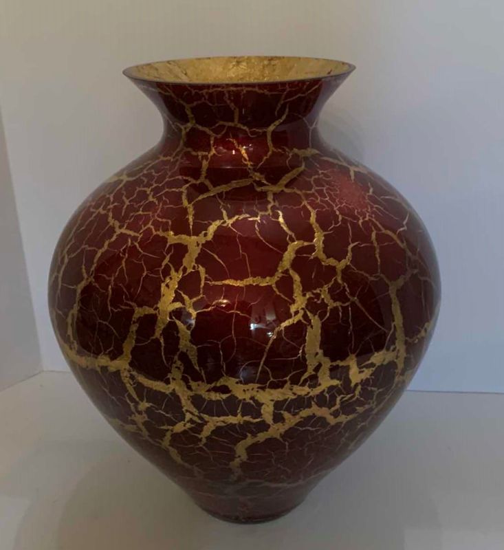 Photo 3 of RED AND GOLD LEAF GLASS VASE, 13” x H15”