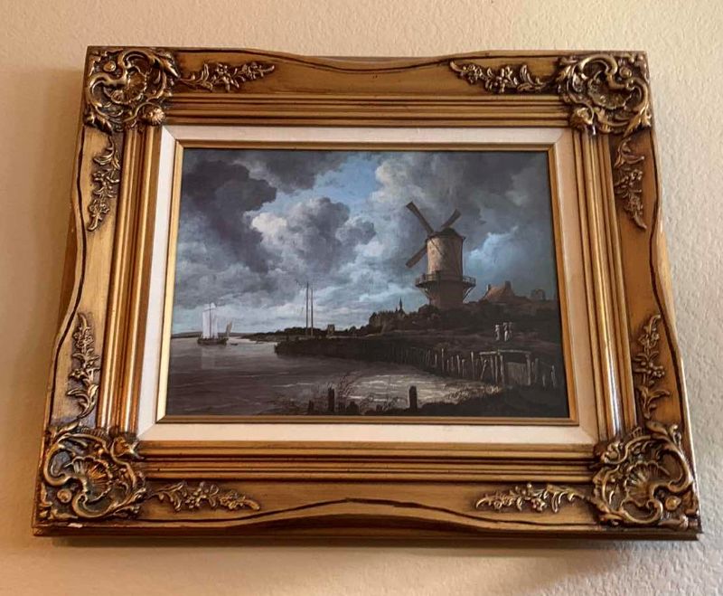 Photo 1 of ORNATE WOOD FRAMED OIL ON CANVAS, SEAPORT VILLAGE W WINDMILL, 24” x 21”