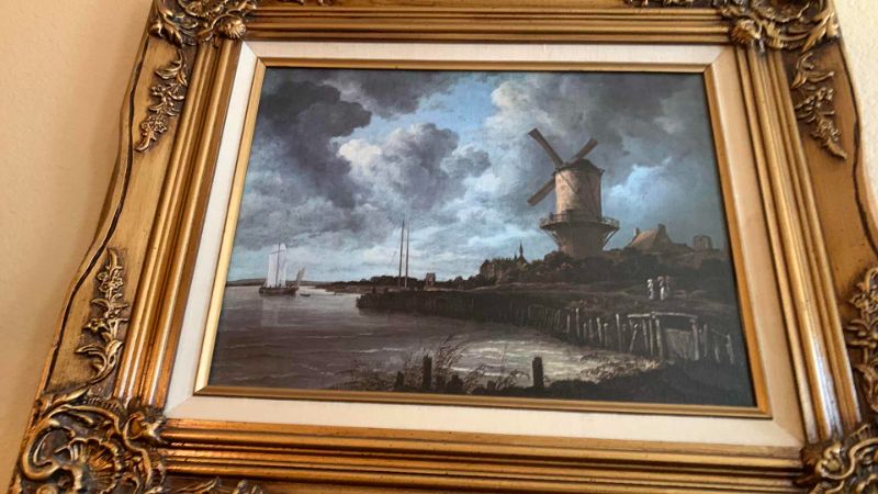 Photo 2 of ORNATE WOOD FRAMED OIL ON CANVAS, SEAPORT VILLAGE W WINDMILL, 24” x 21”