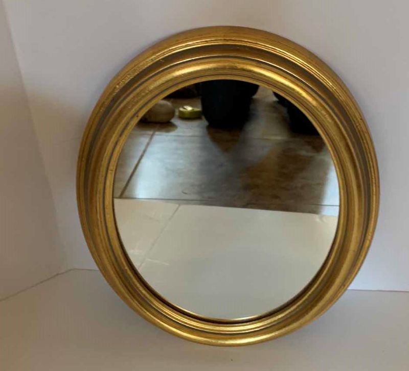 Photo 2 of THREE PIECE HOME DECOR, 2-GOLD MIRRORS AND CLOCK, OVAL MIRROR 10” x 12”