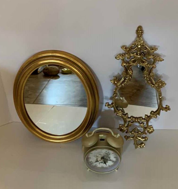 Photo 1 of THREE PIECE HOME DECOR, 2-GOLD MIRRORS AND CLOCK, OVAL MIRROR 10” x 12”