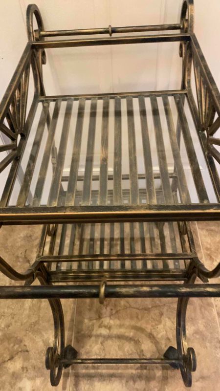 Photo 4 of METAL SERVING CART ON WHEELS WITH GLASS SHELVES, 31” x 15” x H32"