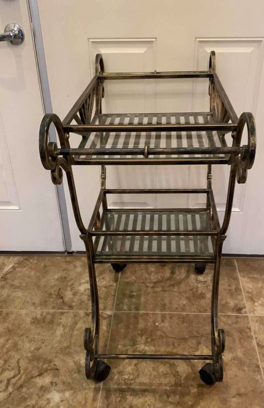 Photo 3 of METAL SERVING CART ON WHEELS WITH GLASS SHELVES, 31” x 15” x H32"