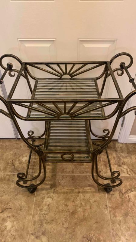 Photo 2 of METAL SERVING CART ON WHEELS WITH GLASS SHELVES, 31” x 15” x H32"