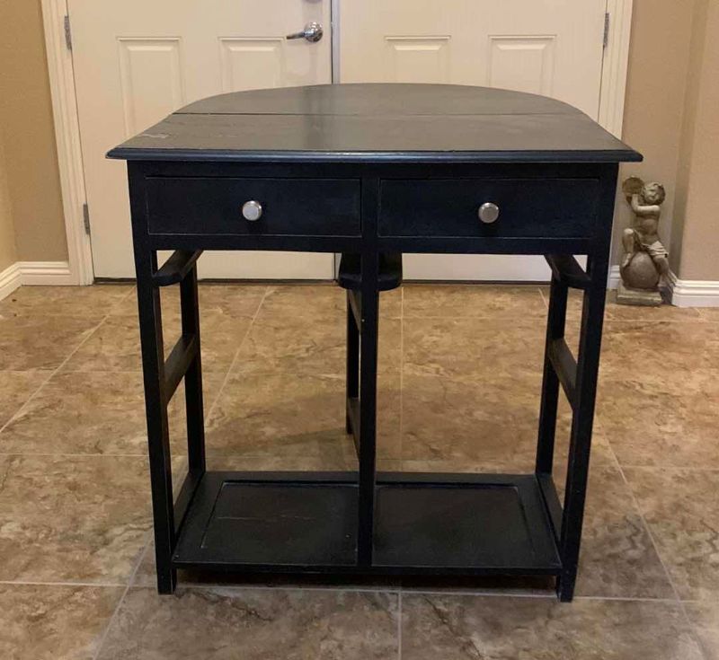 Photo 2 of ANTIQUE HALF SERVING TABLE W TWO DRAWERS (COULD BE USED AS A SMALL KITCHEN ISLAND) 33” x 17", 39”, H33”