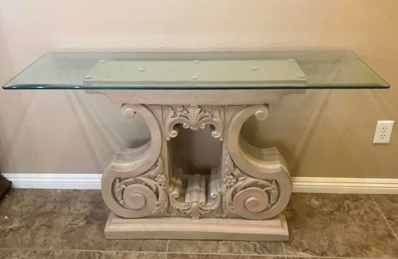 Photo 4 of CARVED PLASTER ENTRY TABLE W GLASS TOP, 52” x 16” H30”