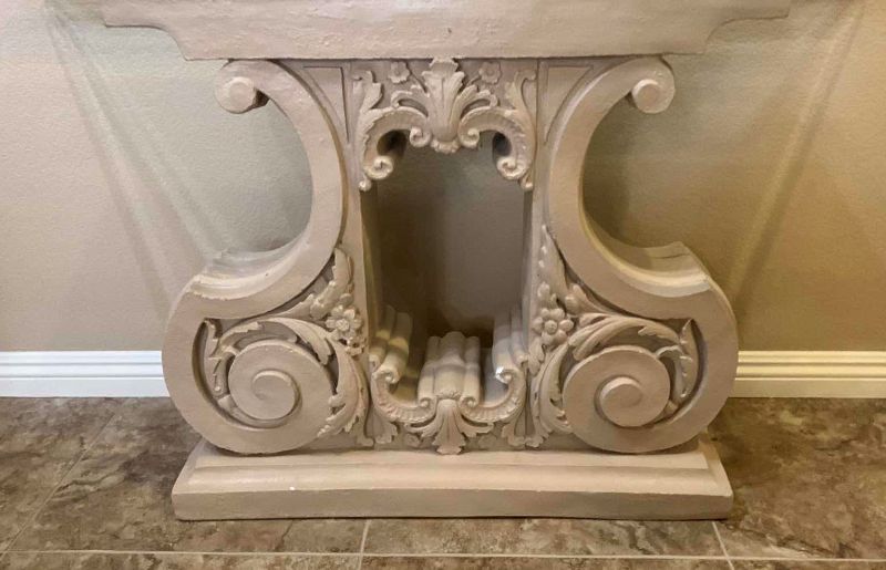 Photo 2 of CARVED PLASTER ENTRY TABLE W GLASS TOP, 52” x 16” H30”