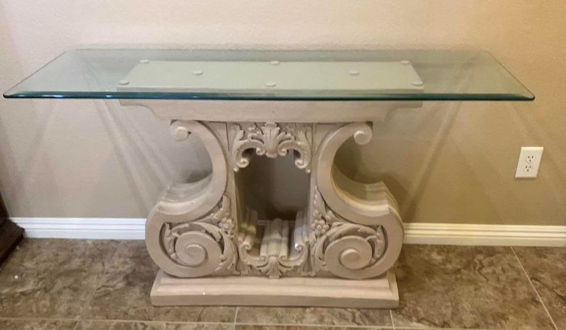 Photo 1 of CARVED PLASTER ENTRY TABLE W GLASS TOP, 52” x 16” H30”