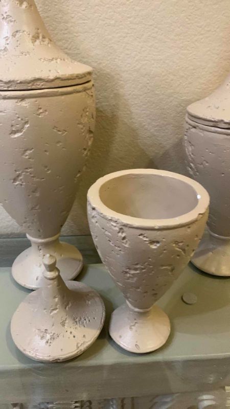 Photo 5 of SET OF 3 OFF WHITE PLASTER URNS W LIDS, TALLEST H23”