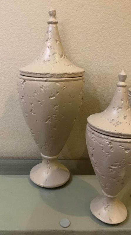 Photo 3 of SET OF 3 OFF WHITE PLASTER URNS W LIDS, TALLEST H23”