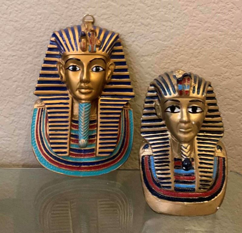 Photo 1 of TWO PAINTED CERAMIC TUTANKHAMEN FIGURES, TALLEST H7”