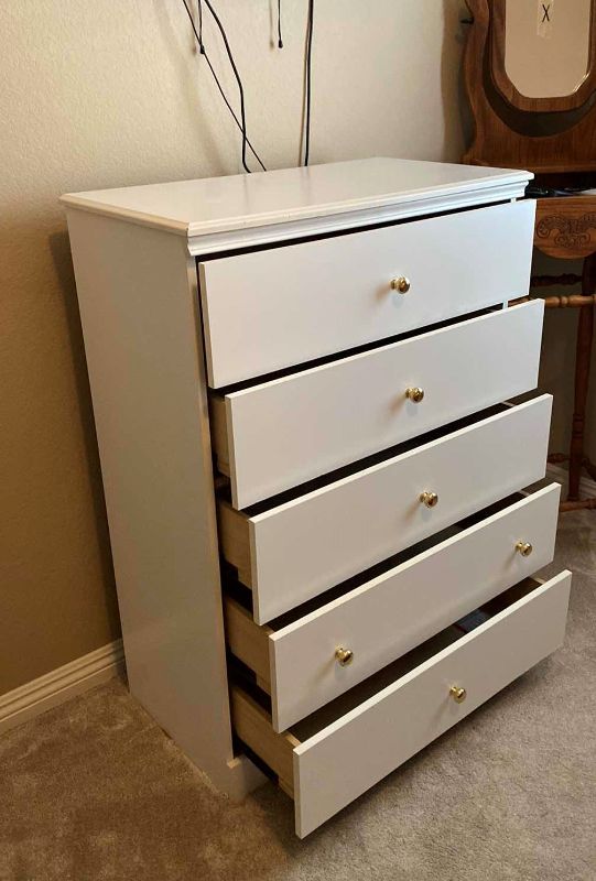 Photo 2 of WHITE WOOD PRESSBOARD 5 DRAWER CHEST 32" X 18" H44"