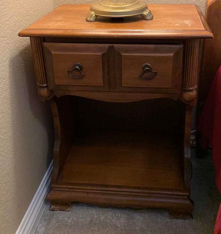 Photo 1 of PECAN FINISH WOOD NIGHT STAND WITH ONE DRAWER 20" X 14" H24" (LAMP NOT INCLUDED)
