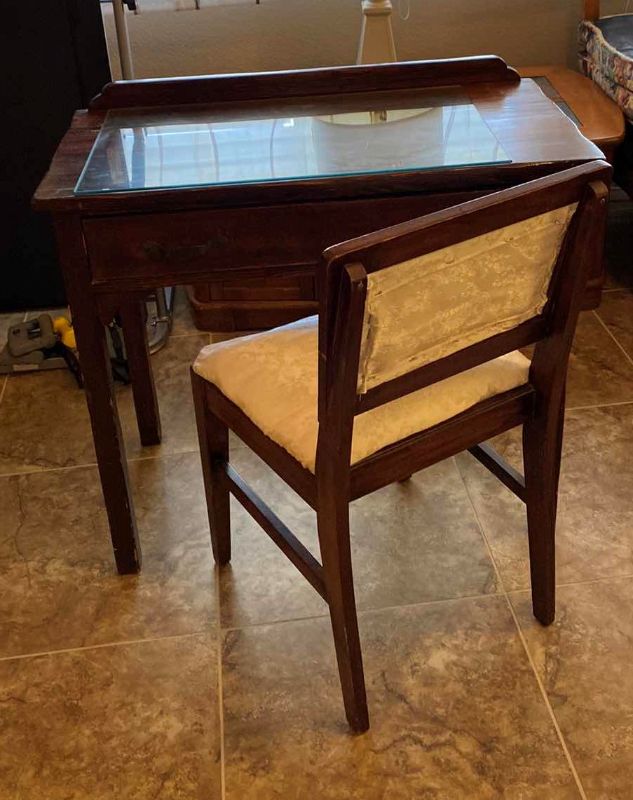 Photo 1 of ANTIQUE WOOD DESK AND CHAIR 34" X 18" H30"