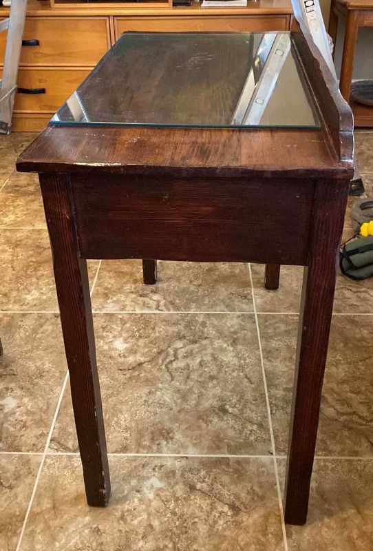 Photo 2 of ANTIQUE WOOD DESK AND CHAIR 34" X 18" H30"