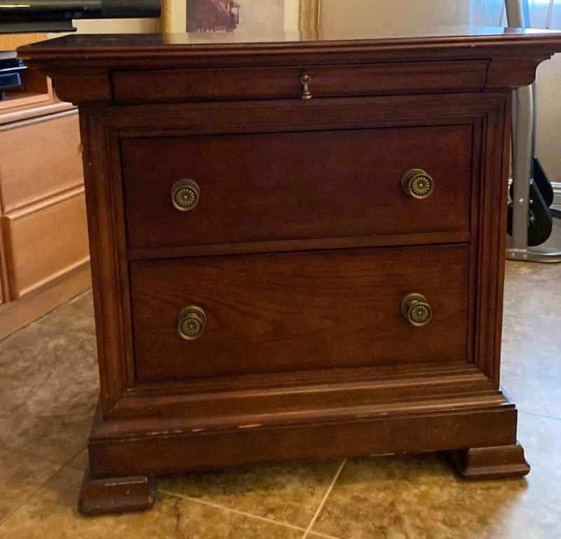 Photo 1 of BASSETT DISTRESSED 3 DRAWER WOOD NIGHT STAND 34” X 19” H32.5”