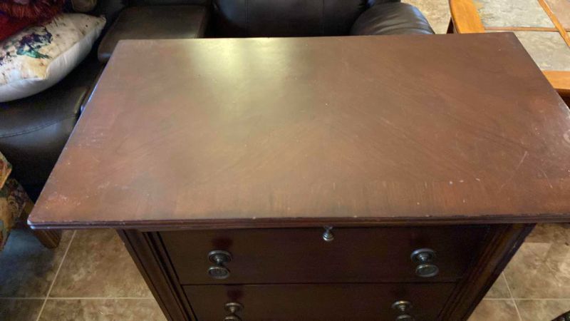 Photo 5 of BASSETT DISTRESSED WOOD 3 DRAWER NIGHT STAND 34” X19” H32”