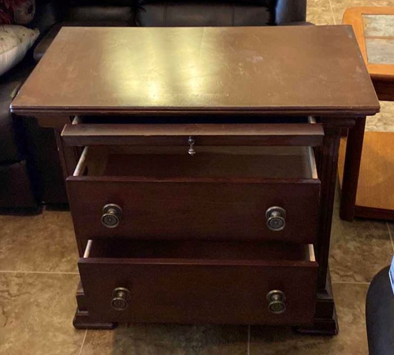 Photo 2 of BASSETT DISTRESSED WOOD 3 DRAWER NIGHT STAND 34” X19” H32”