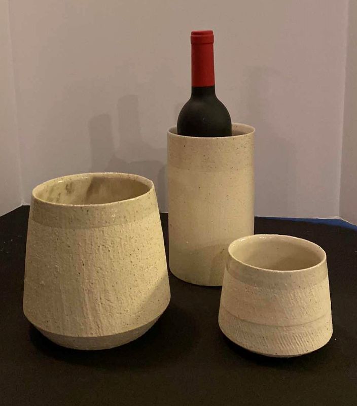 Photo 1 of 3 PIECES POTTERY WITH FAUX DECOR WINE BOTTLE