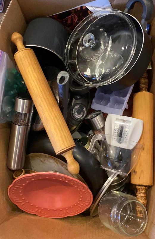 Photo 1 of BOX OF ASSORTED KITCHEN ITEMS, ROLLING PINS PANS UTENSILS