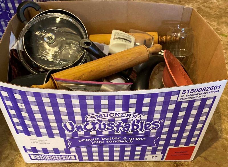 Photo 2 of BOX OF ASSORTED KITCHEN ITEMS, ROLLING PINS PANS UTENSILS