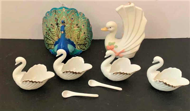 Photo 1 of 8 PIECE PORCELAIN COLLECTIBLES, PEACOCK AND SWANS