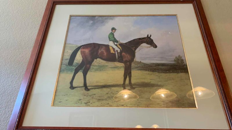 Photo 2 of WOOD FRAMED ARTWORK, JOCKEY ON HORSE 32” x 28”