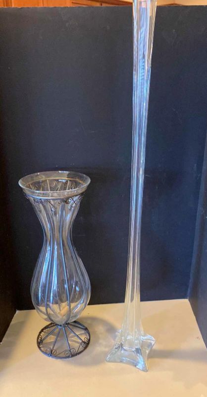 Photo 1 of PAIR OF GLASS VASES TALLEST 36"