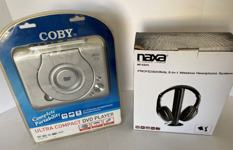 Photo 1 of COBY ULTRA COMPACT DVD PLAYER AND NAXA WIRELESS HEADPHONE SYSTEM