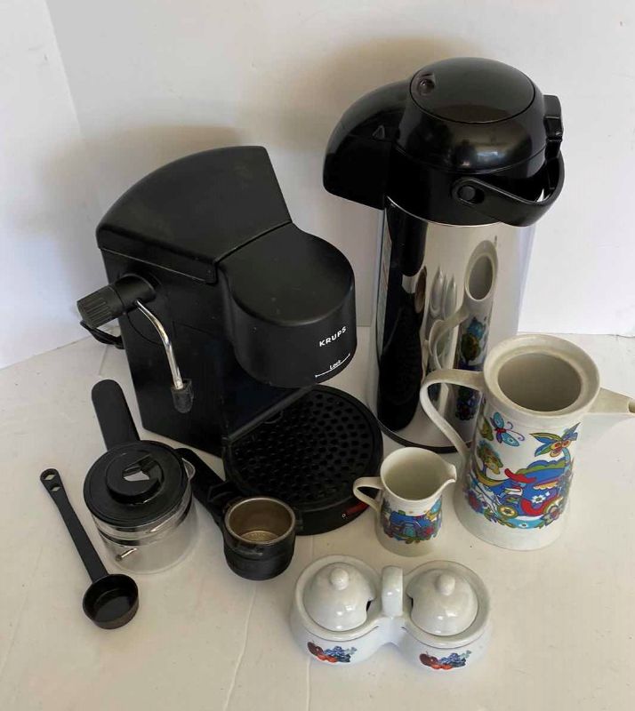 Photo 1 of KRUPS ESPRESSO MACHINE, SANGO COFFEE SET, AND LARGE CARAFE