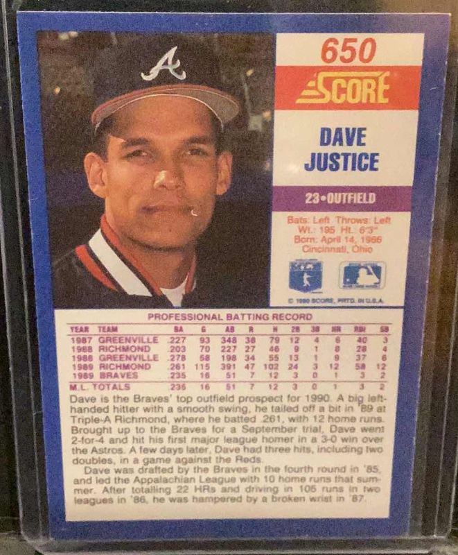 Photo 2 of 1990 DAVE JUSTICE ROOKIE SCORE #650