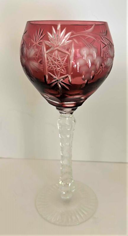 Photo 1 of Marsala Ruby Red Wine Hock Goblet Lead Cystal Ajka Crystal Hungary Cut Grapes & Star Cut Stem $119