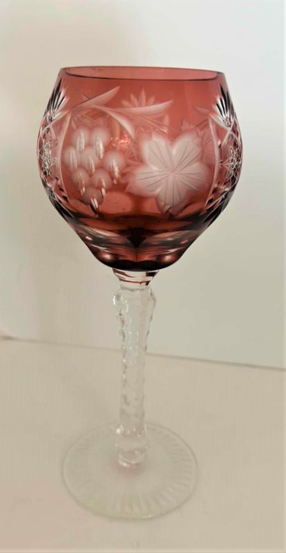 Photo 1 of Marsala Ruby Red Wine Hock Goblet Lead Cystal Ajka Crystal Hungary Cut Grapes & Star Cut Stem $119