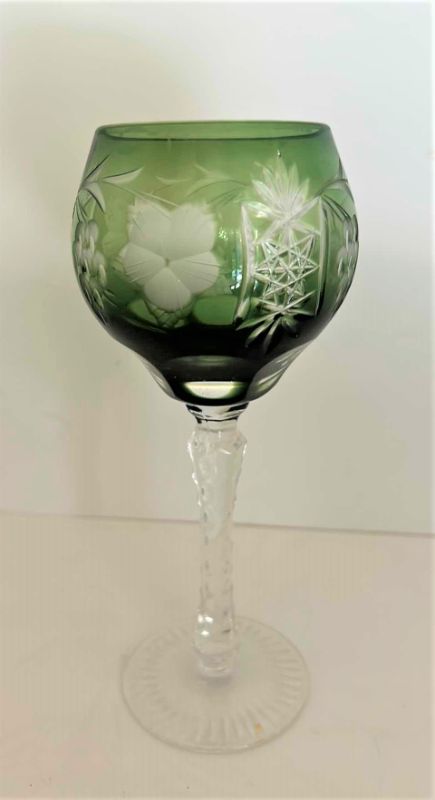 Photo 1 of Emerald Wine Hock Goblet Lead Cystal Ajka Crystal Hungary Cut Grapes & Star Cut Stem $119