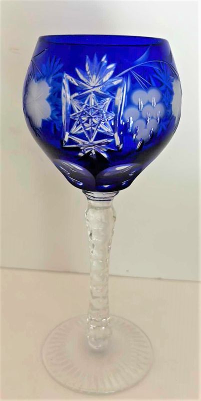 Photo 1 of Blue Jewel Toned Wine Hock Goblet Lead Cystal Ajka Crystal Hungary Cut Grapes & Star Cut Stem $119