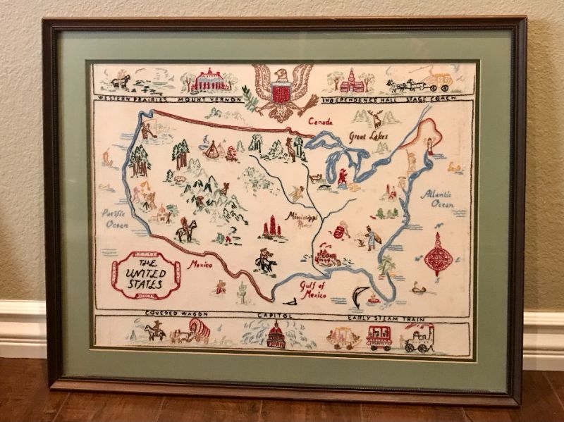 Photo 1 of 1930’S FOLK ART FRAMED CROSS STITCH MAP OF UNITED STATES 27”X 22”