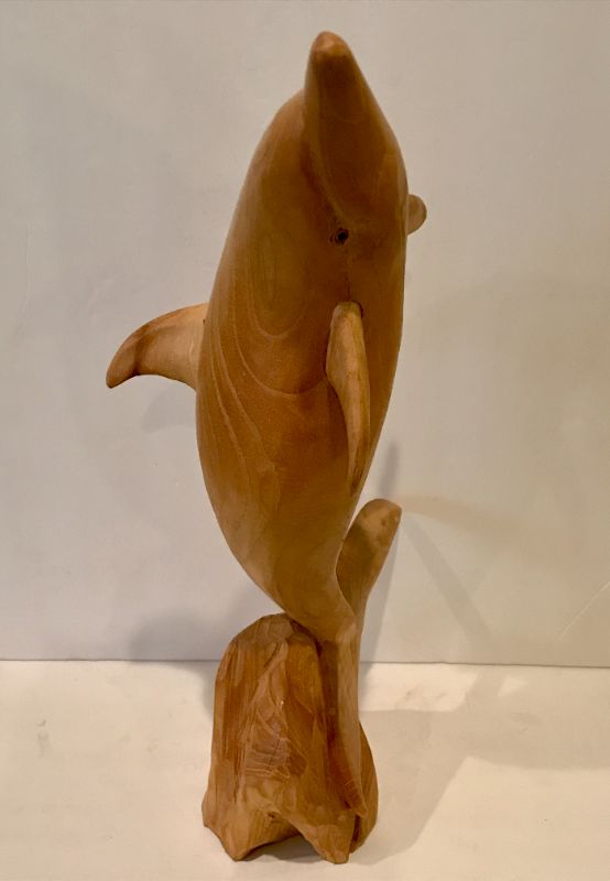Photo 1 of HAND CARVED WOODEN DOLPHIN SCULPTURE H-21”