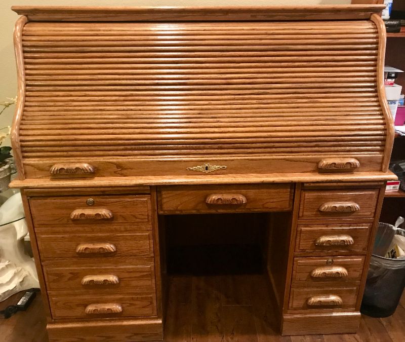 Photo 2 of SOLID OAK ROLL TOP DESK WITH TOP LOCK & KEY 54”x 29”X 58 “