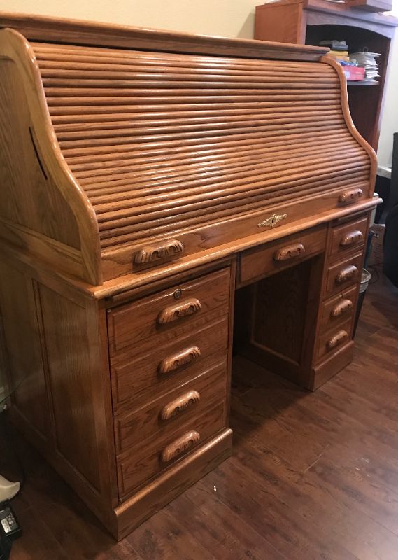 Photo 1 of SOLID OAK ROLL TOP DESK WITH TOP LOCK & KEY 54”x 29”X 58 “