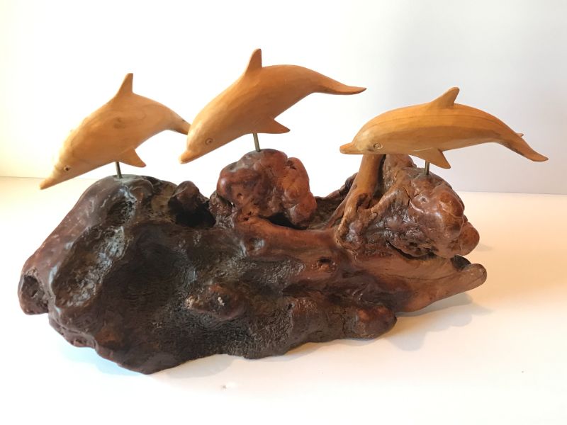 Photo 1 of CARVED WOOD DOLPHINS ON DRIFTWOOD SCULPTURE 16 x 9