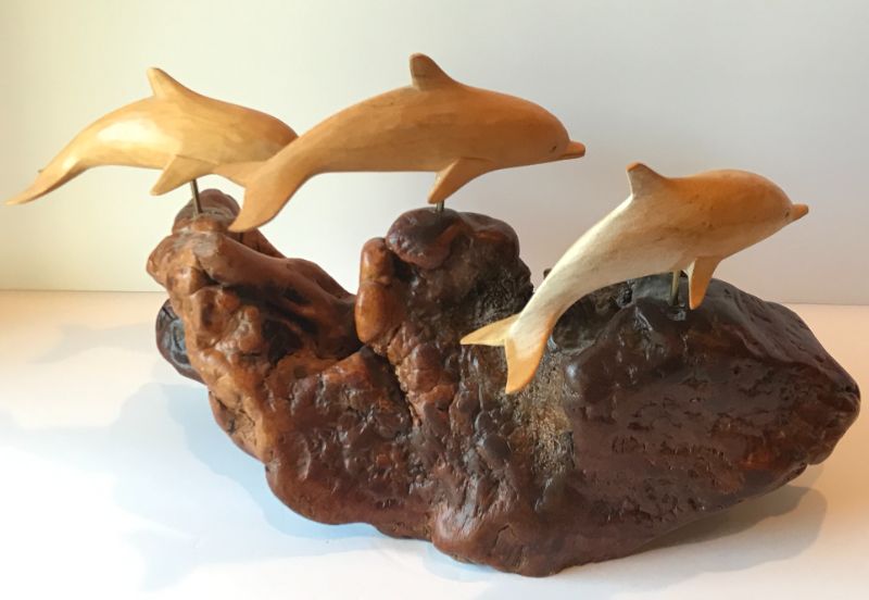 Photo 3 of CARVED WOOD DOLPHINS ON DRIFTWOOD SCULPTURE 16 x 9