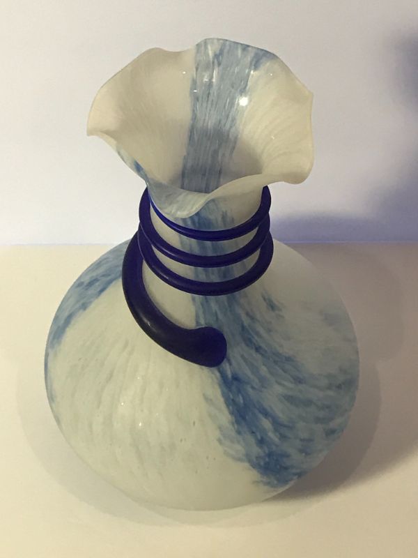 Photo 2 of MURANO ART GLASS WHITE & BLUE SWIRL VASE WITH BLUE APPLIQUÉ 
H 9”