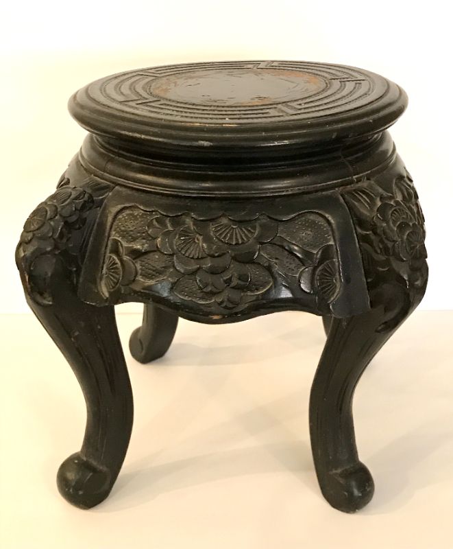 Photo 1 of ANTIQUE JAPANESE ORNATE BLACK WOOD STOOL/DISPLAY STAND 12"x12"