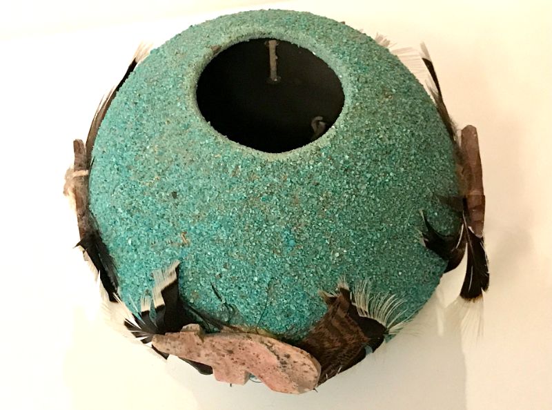 Photo 2 of VINTAGE ZUNI FETISH BOWL TURQUOISE ENCRUSTED NATIVE AMERICAN ART 
SIGNED BY ARTIST H -6 “