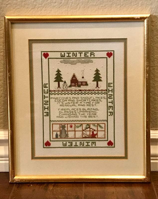 Photo 2 of VINTAGE FRAMED SEASONAL CROSS STITCH FOLKART 11.5”x 13.5”