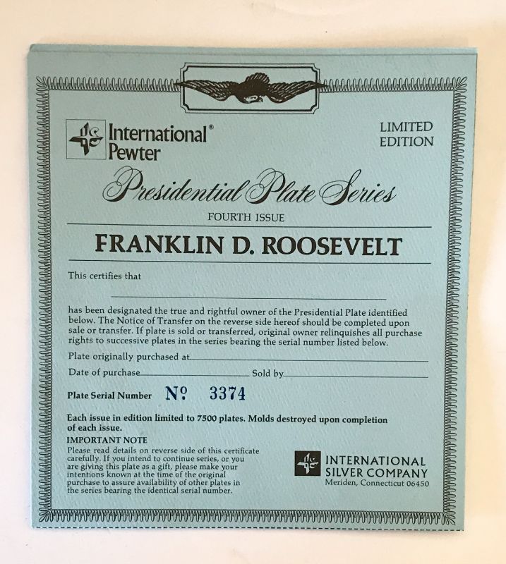 Photo 3 of FRANKLIN ROOSEVELT INTERNATIONAL PEWTER LIMITED EDITION COLLECTOR PLATE